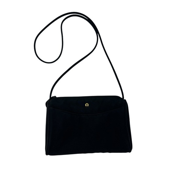 Etienne Aigner Black Nylon Classic Shoulder Bag Thin Strap Gold Logo Vintage‎ - Picture 1 of 14